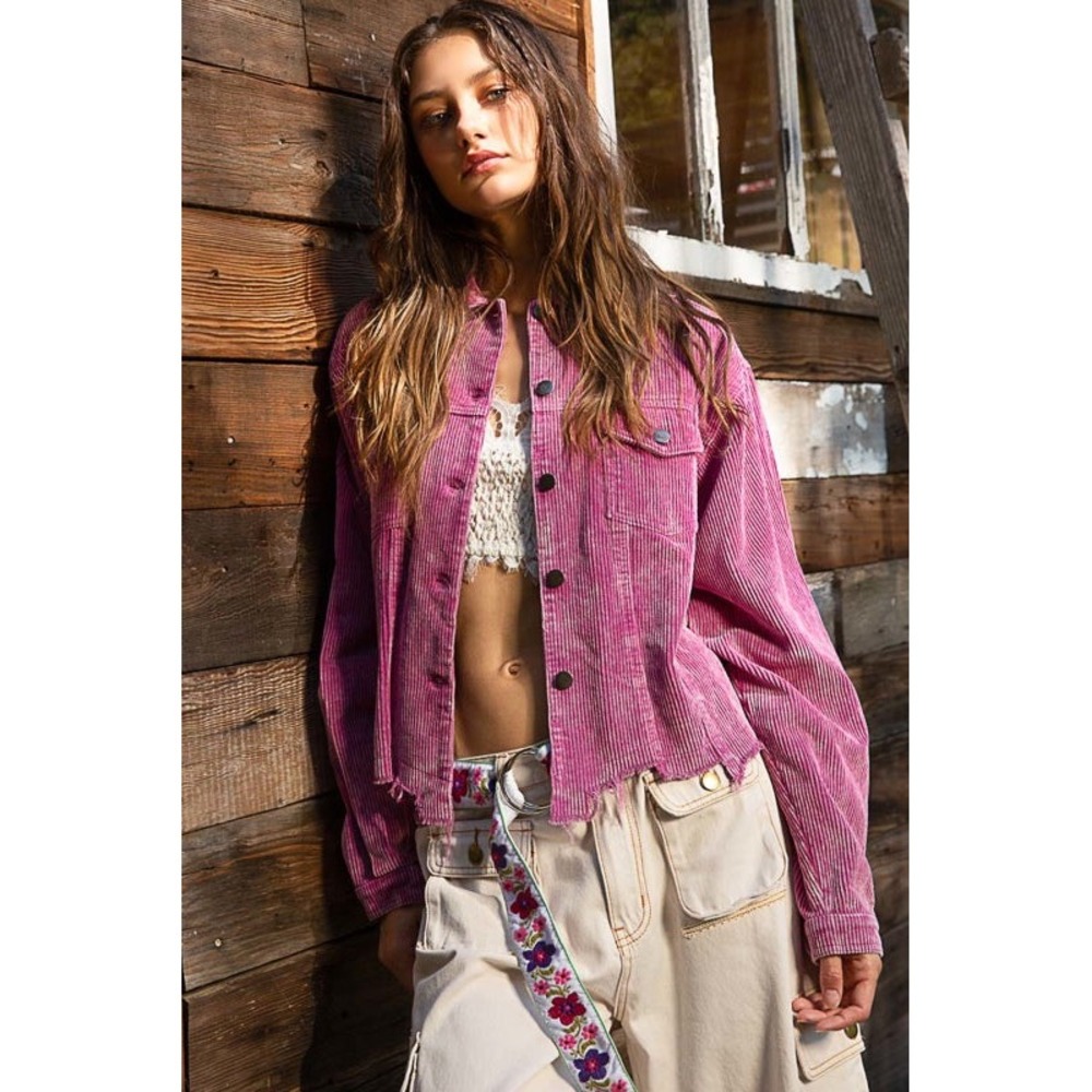 NWT POL Boho Corduroy‎ Plum Trucker Jacket Sz S Berry Sharkbite Hem Button Front